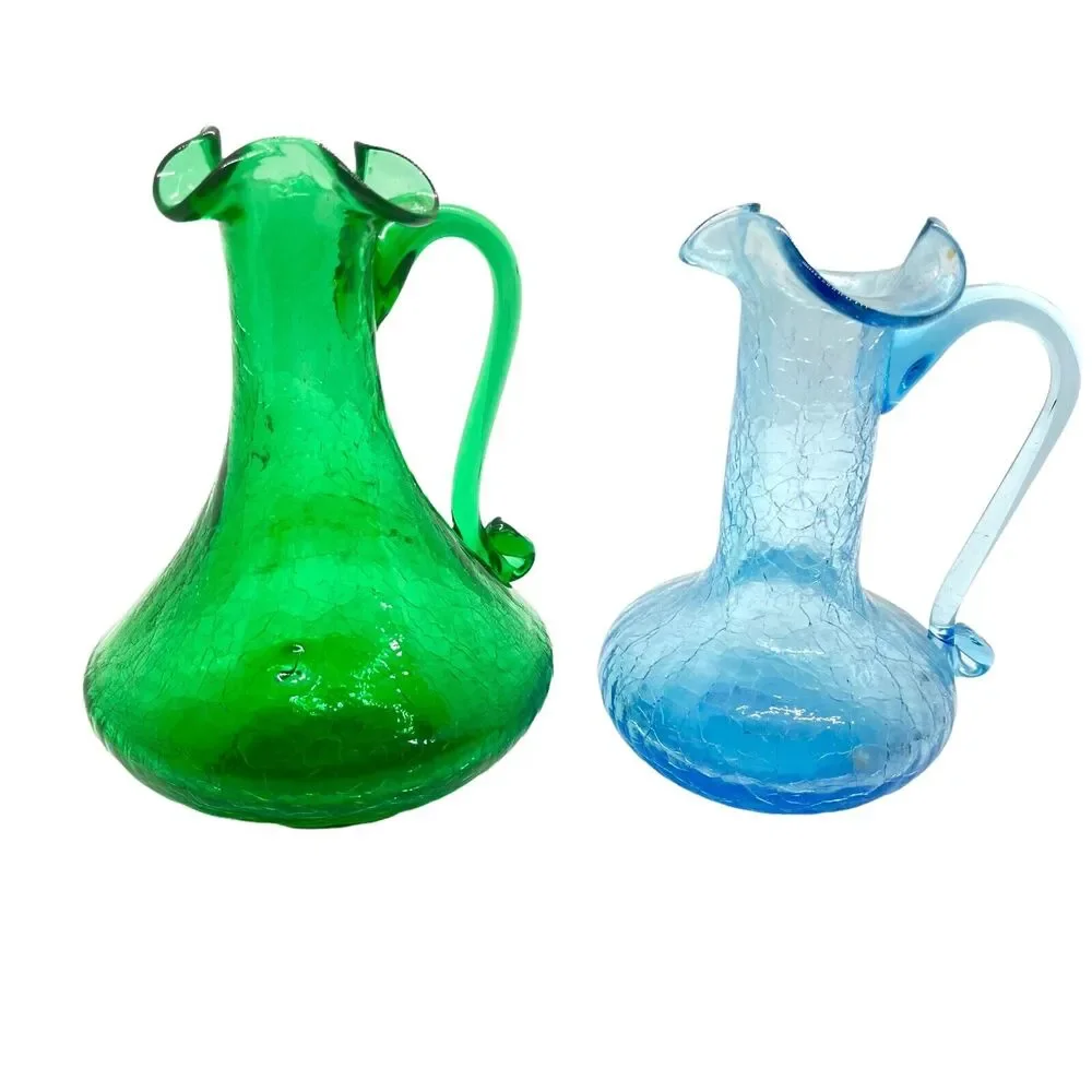 Crackle Glass Vases Pitchers Vintage Blue Green Ruffled Edge Handheld Set Of 2 - Picture 2 of 16